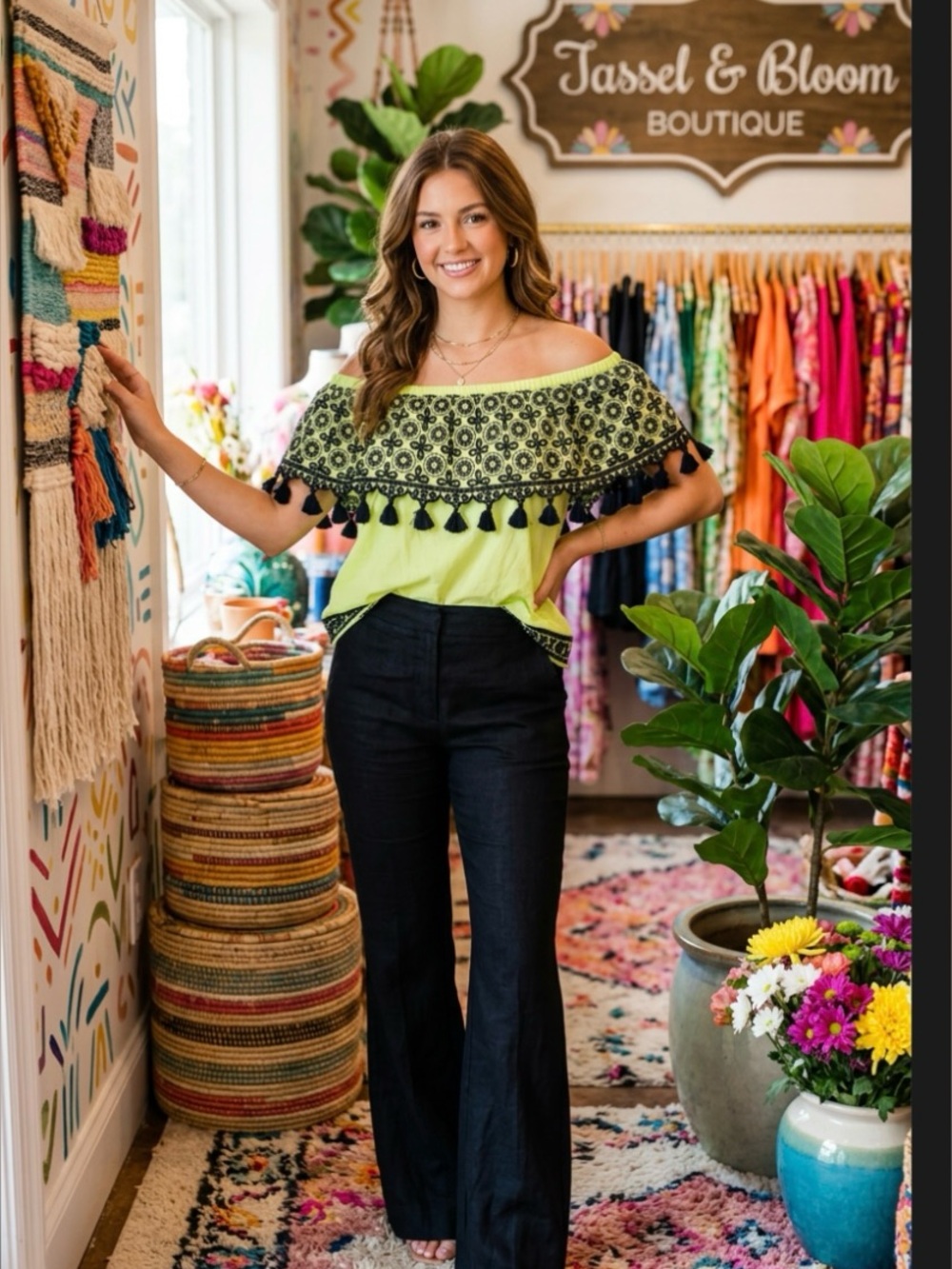 Boutique Lime Green & Black Off-Shoulder Embroidered Tassel Top ~ Large
